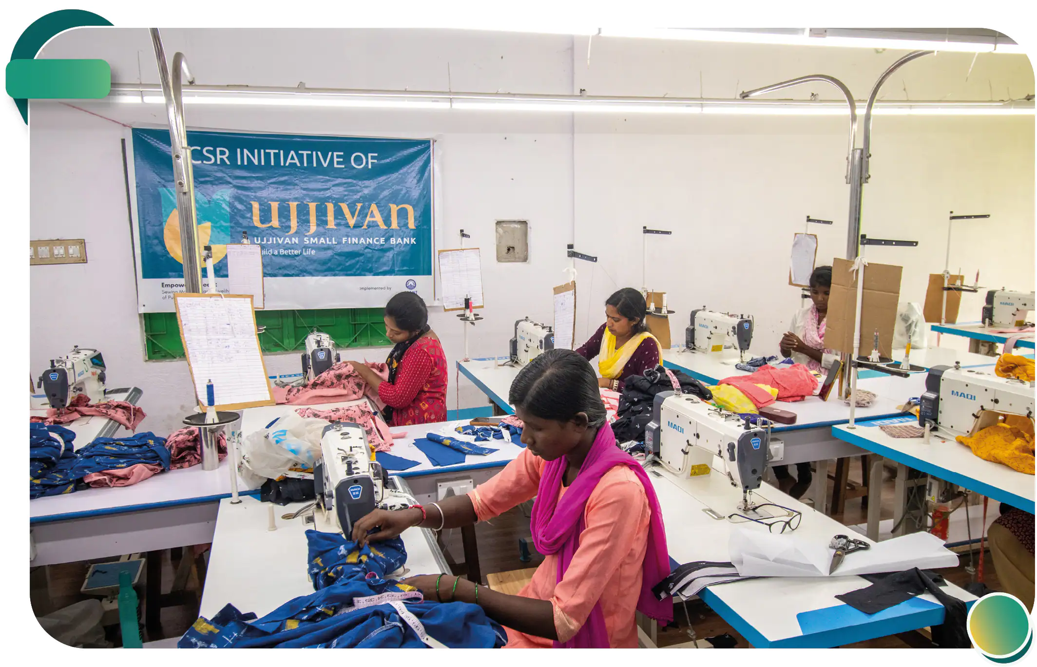 Women working in a garment manufacturing facility