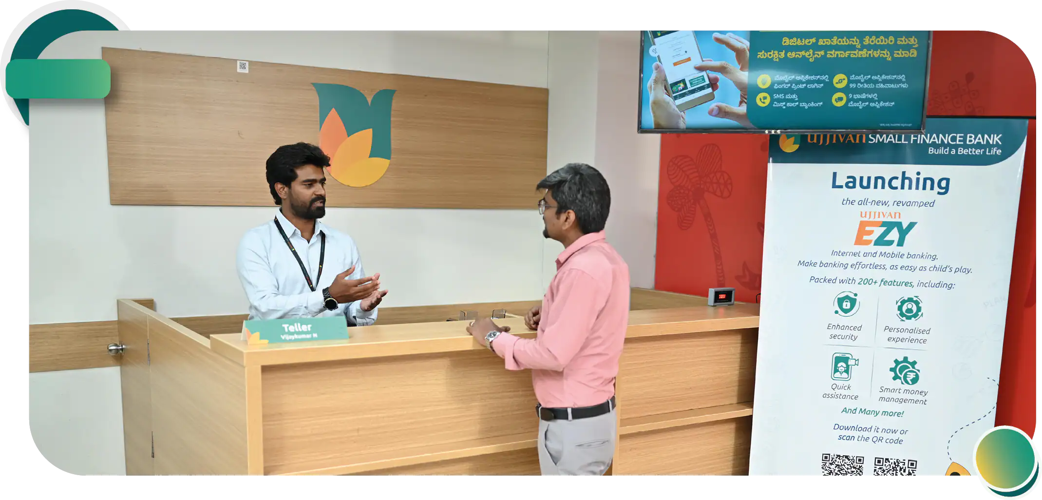 Bank customer service team interactively assisting a banking client at a physical retail service station branch desk