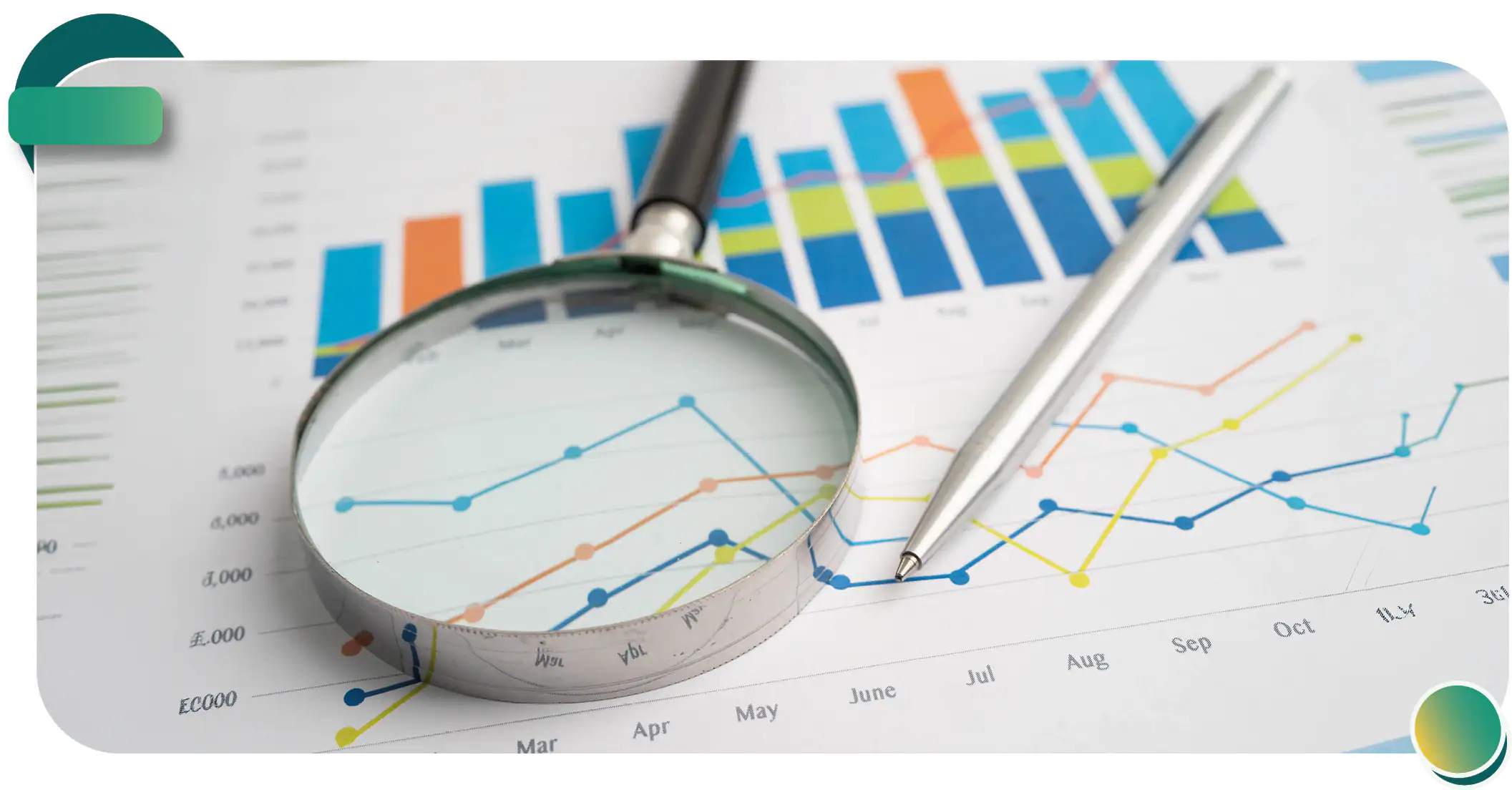 Magnifying glass focusing closely over historical trend performance charts and visual report workflows