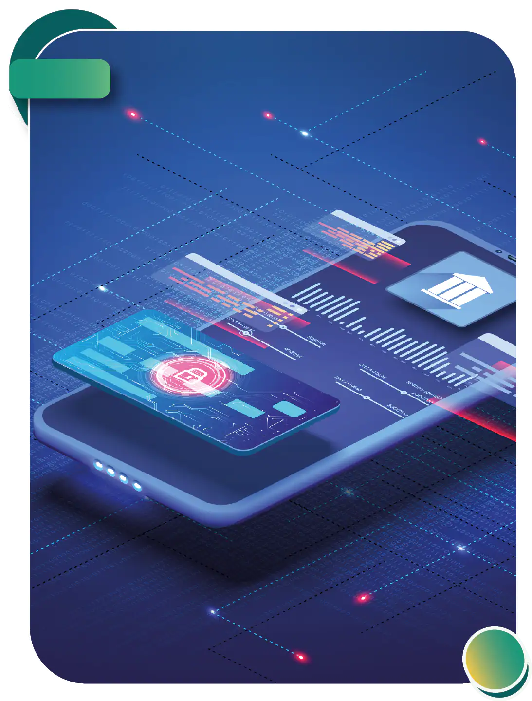 Digital interface schematic overlay displaying modern banking metrics