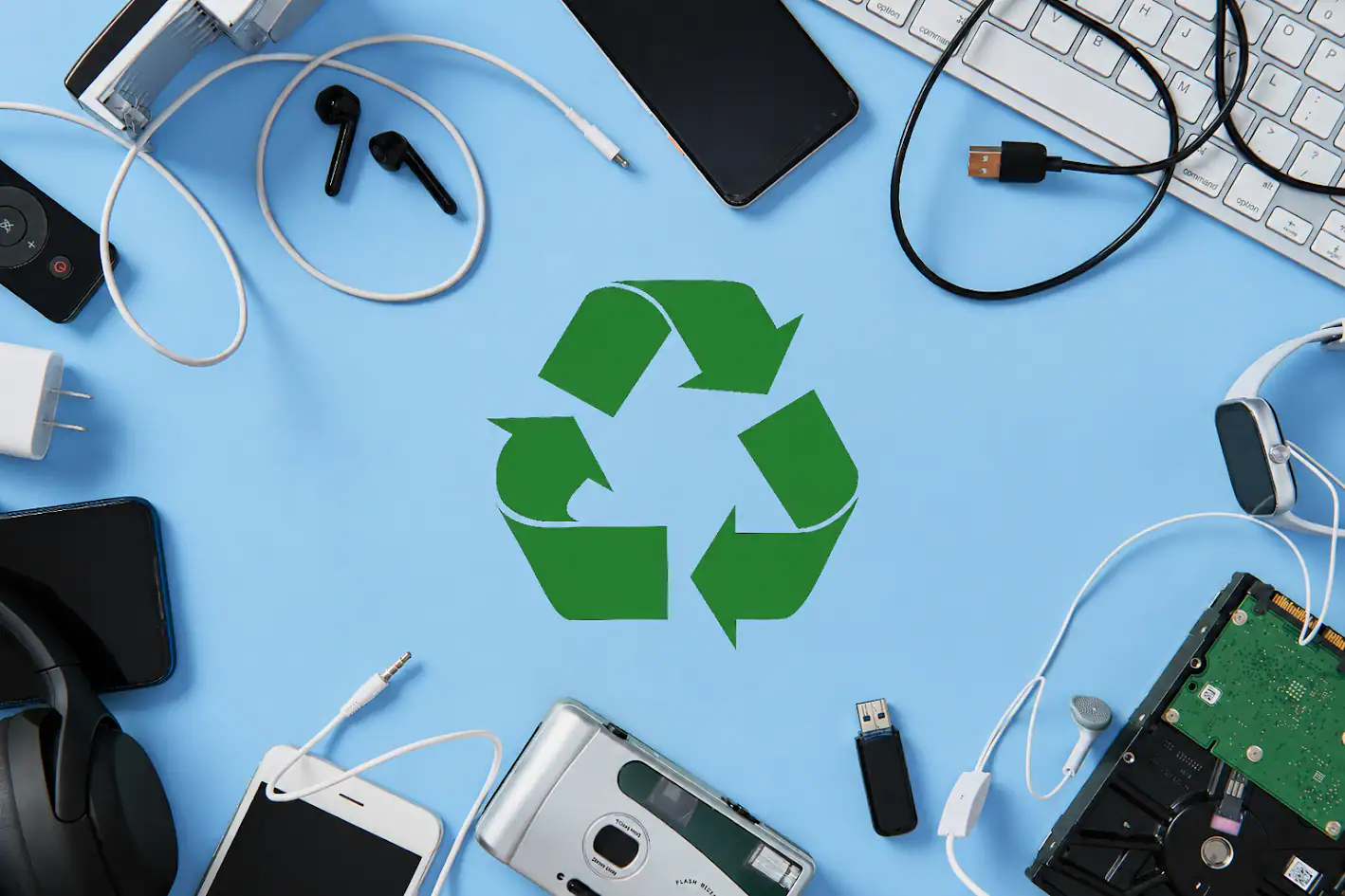 E-waste dynamic components and circuitry surrounding a green recycling logo structure
