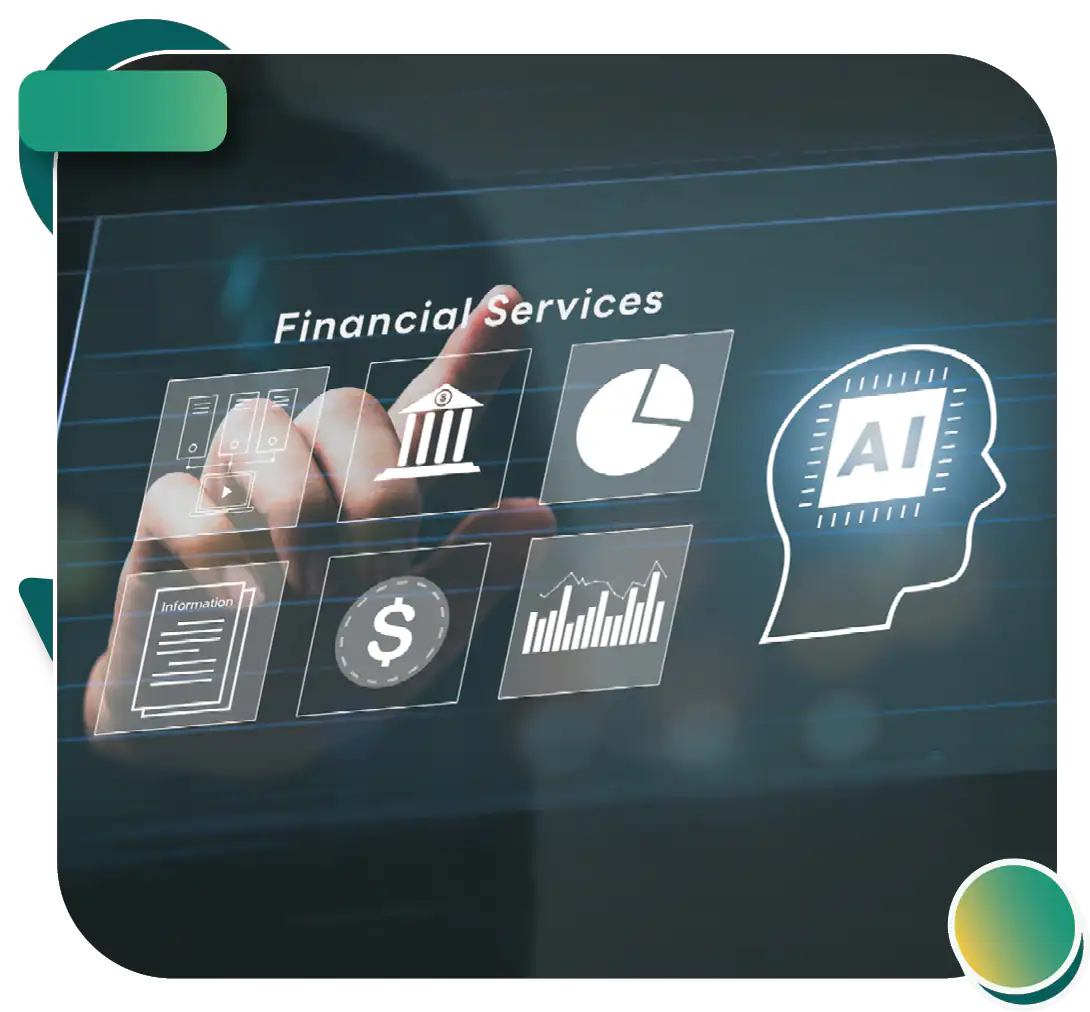 Interactive touch-screen dashboard showcasing digital finance metrics and AI icons