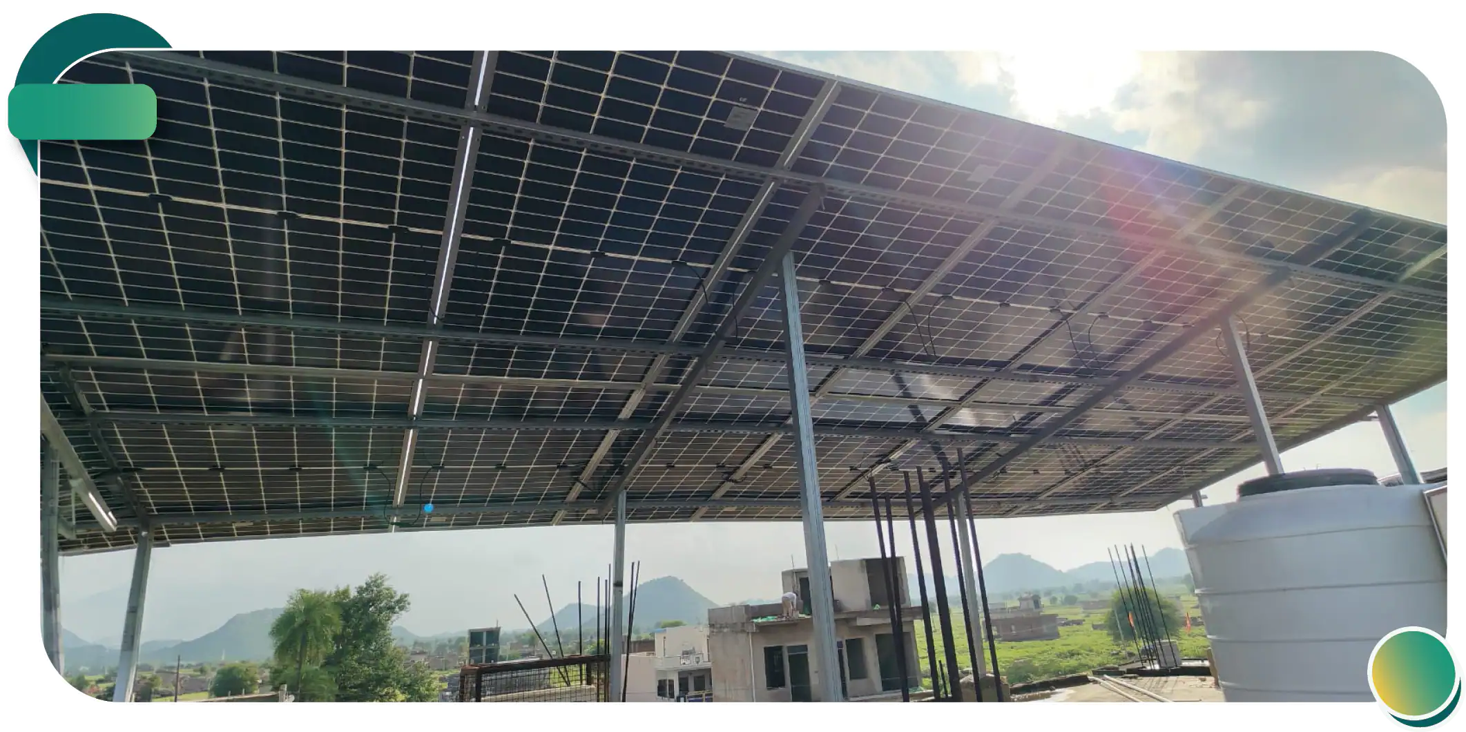 Bank infrastructure development highlighting clean solar energy generation setup setup over the rooftop structure