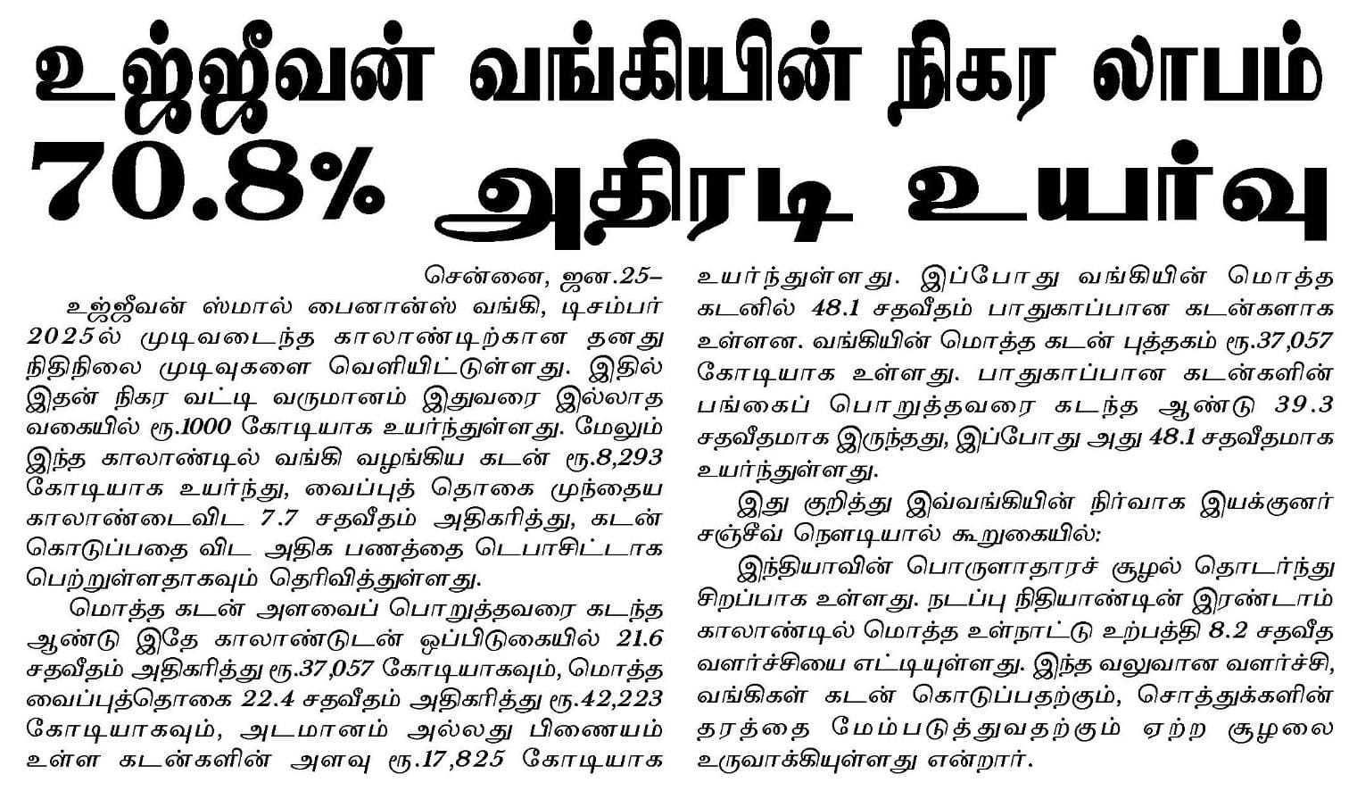 Ujjivan Bank's net profit surges by 70.8%