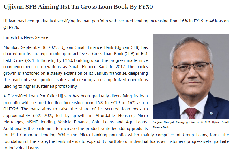 Ujjivan SFB Aiming Rs1 Tn Gross Loan Book By FY30