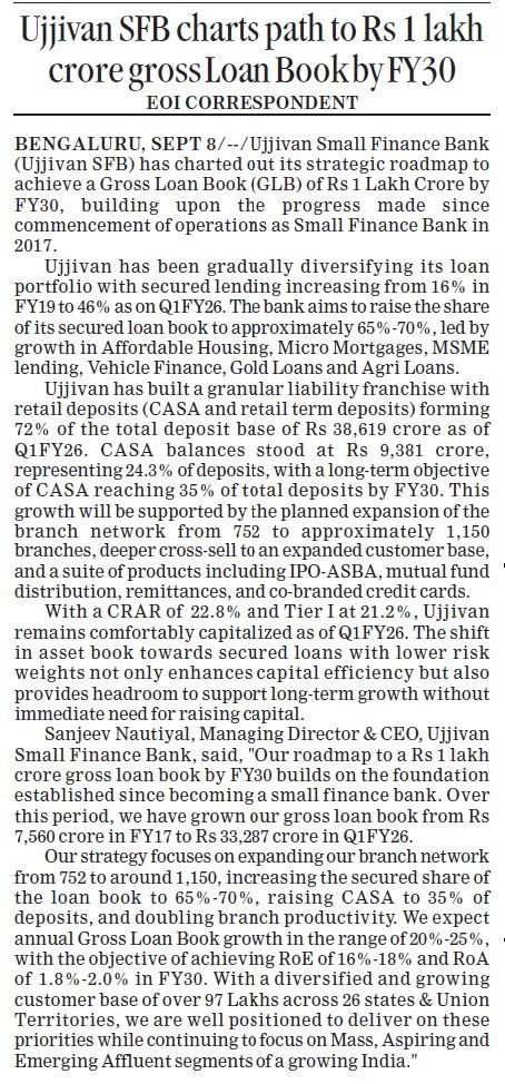 Ujjivan SFB charts path to Rs 1 lakh crore gross Loan Book by FY30