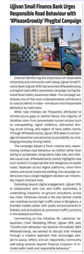 Ujjivan Small Finance Bank Urges Responsible Road Behaviour with '#PleaseGrowUp' Phygital Campaign