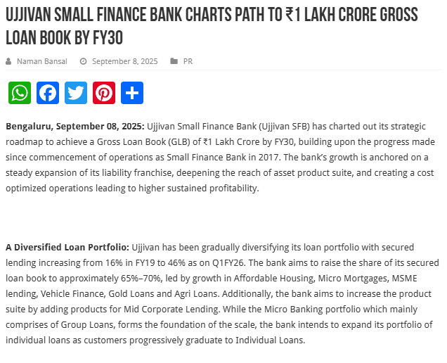 Ujjivan Small Finance Bank Charts Path to ₹1 Lakh Crore Gross Loan Book by FY30