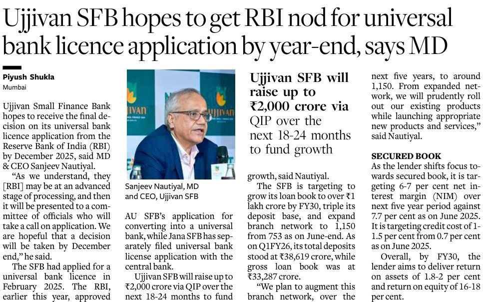 Ujjivan SFB hopes to get RBI nod for universal bank licence application by year-end, says MD