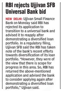 RBI rejects Ujjivan SFB Universal Bank bid
