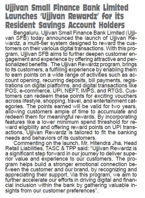 Ujjivan Small Finance Bank Limited Launches Ujjivan Rewardz for its Resident Savings Account Holders