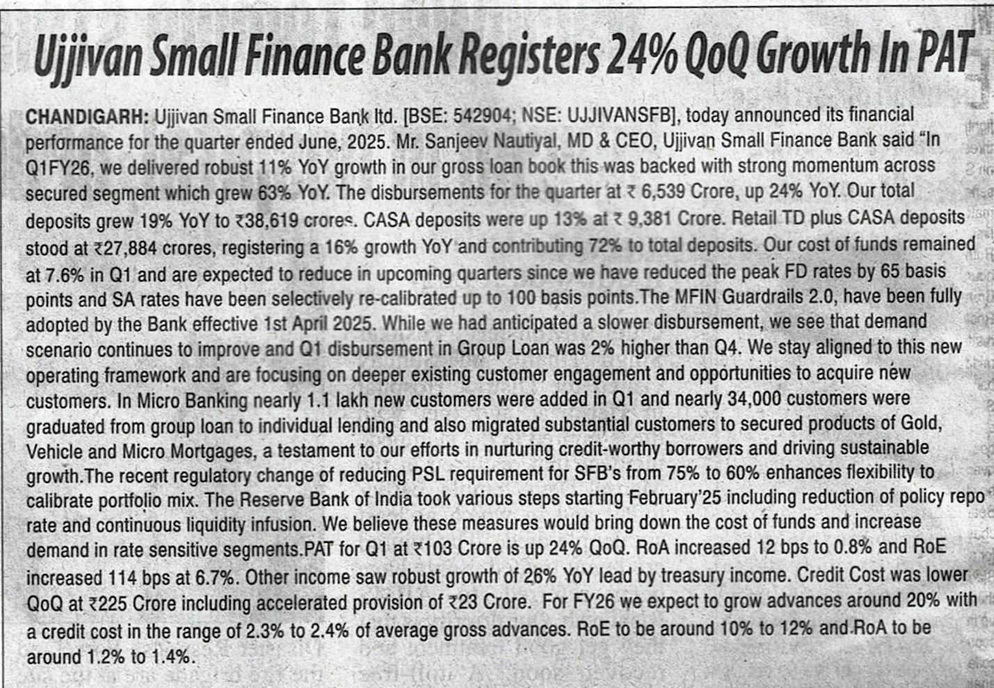 Ujjivan Small Finance Bank Registers 24% QoQ Growth In FAT