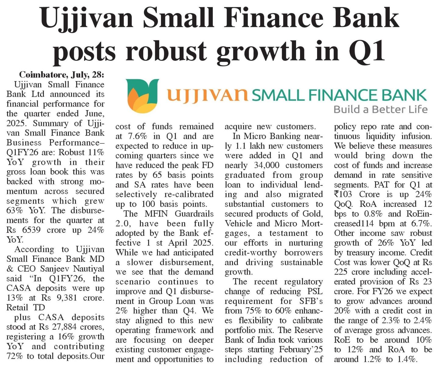 Ujjivan Small Finance Bank posts robust growth in Q1