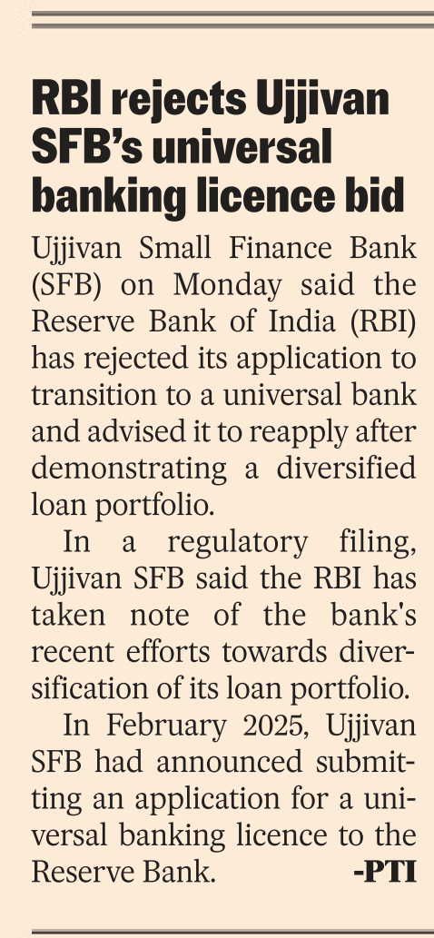 RBI rejects Ujjivan SFB Universal Bank bid