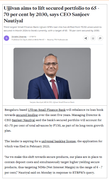 Ujjivan aims to lift secured portfolio to 65 - 70 per cent by 2030, says CEO Sanjeev Nautiyal