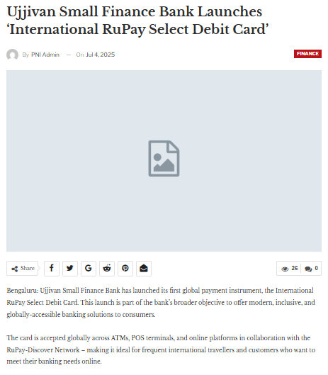 Ujjivan Small Finance Bank Launches ‘International RuPay Select Debit Card’