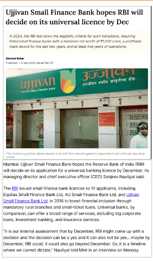 Ujjivan Small Finance Bank hopes RBI will decide on its universal licence by Dec