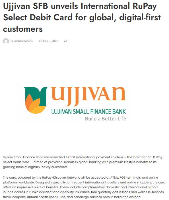 Ujjivan SFB unveils International RuPay Select Debit Card for global, digital-first customers