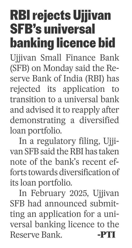 RBI rejects Ujjivan SFB Universal Bank bid