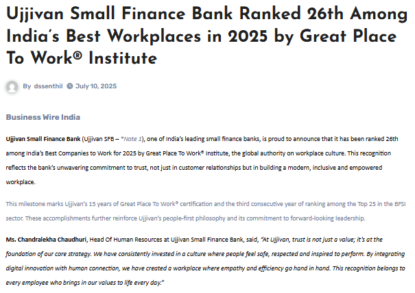 Ujjivan Small Finance Bank Ranked 26th Among India’s Best Workplaces in 2025 by Great Place To Work® Institute