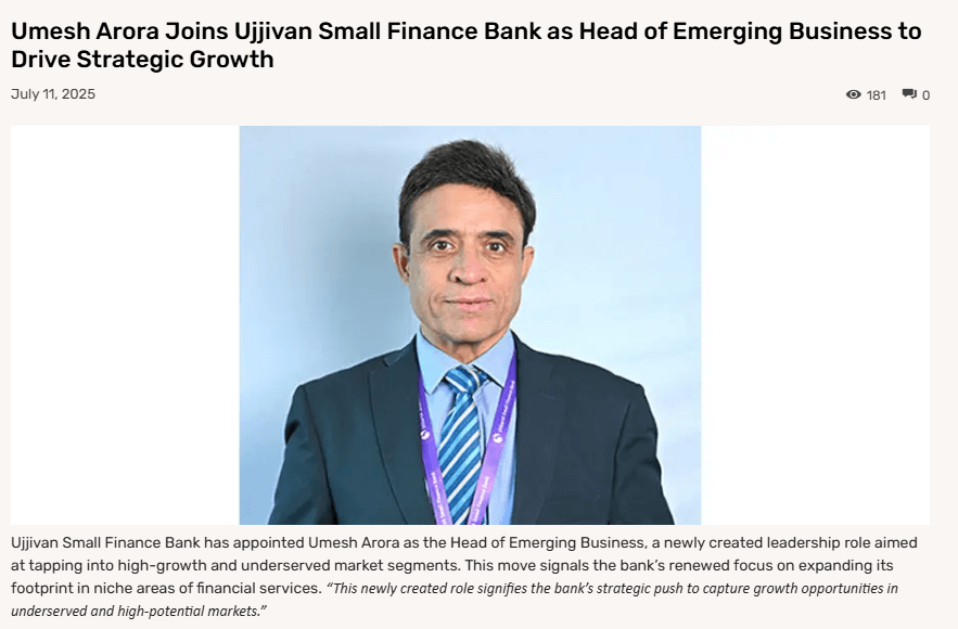 Umesh Arora Joins Ujjivan Small Finance Bank as Head of Emerging Business to Drive Strategic Growth