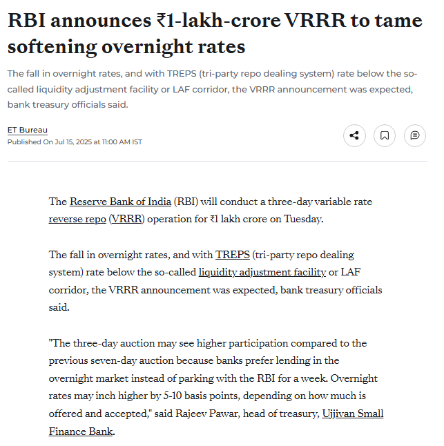 RBI announces ₹1-lakh-crore VRRR to tame softening overnight rates