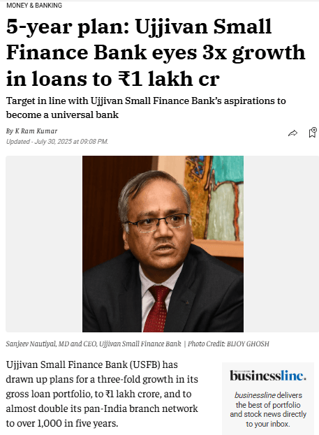 5-year plan: Ujjivan Small Finance Bank eyes 3x growth in loans to ₹1 lakh cr