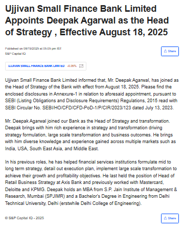 Ujjivan Small Finance Bank Limited Appoints Deepak Agarwal as the Head of Strategy , Effective August 18, 2025
