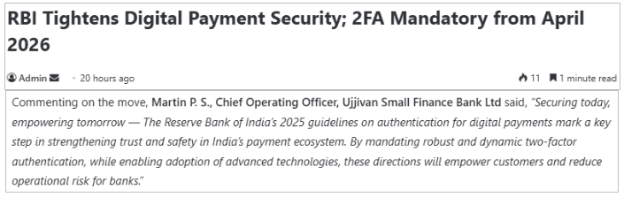 RBI Tightens Digital Payment Security; 2FA Mandatory from April 2026
