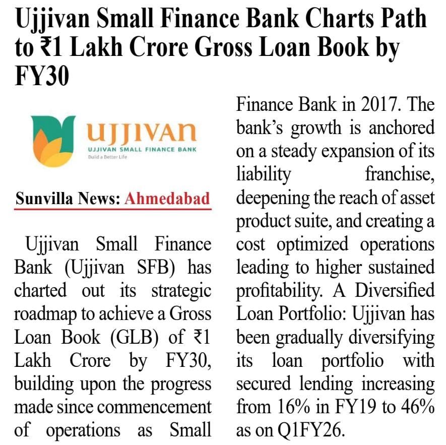 Ujjivan Small Finance Bank Charts Path to ?1 Lakh Crore Gross Loan Book by FY30