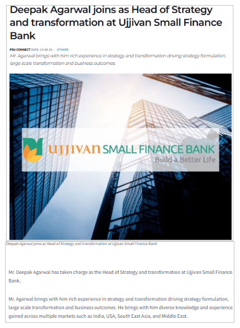 Deepak Agarwal joins as Head of Strategy and transformation at Ujjivan Small Finance Bank