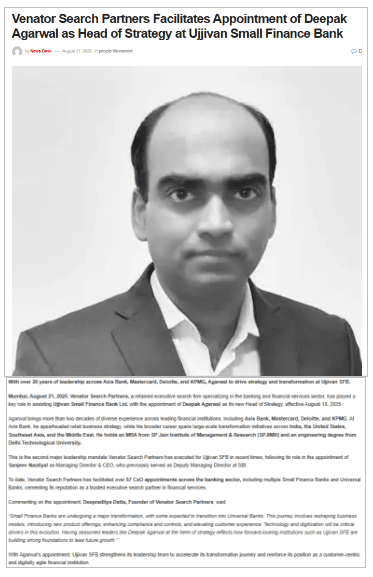Venator Search Partners Facilitates Appointment of Deepak Agarwal as Head of Strategy at Ujjivan Small Finance Bank