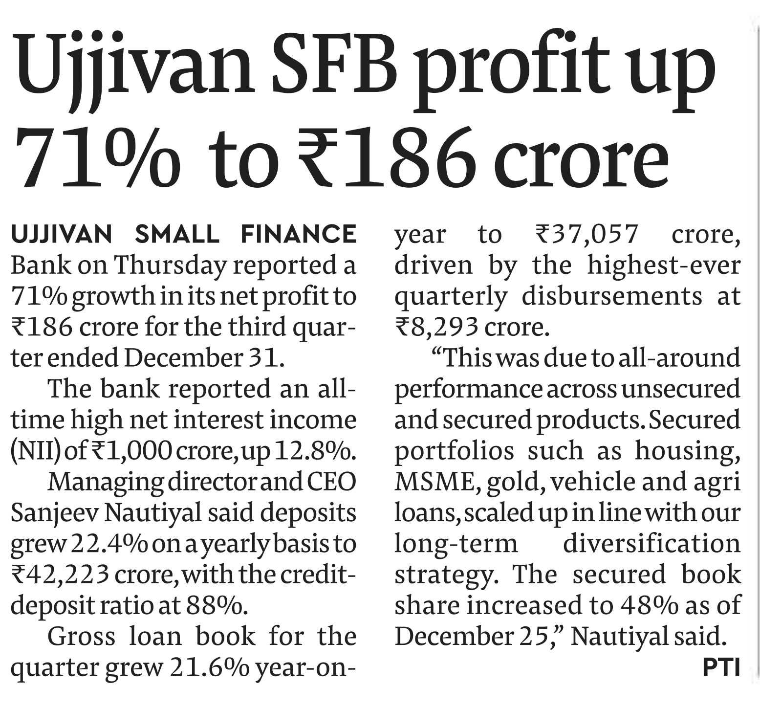 Ujjivan SFB profit up 71% to Rs 186 crore