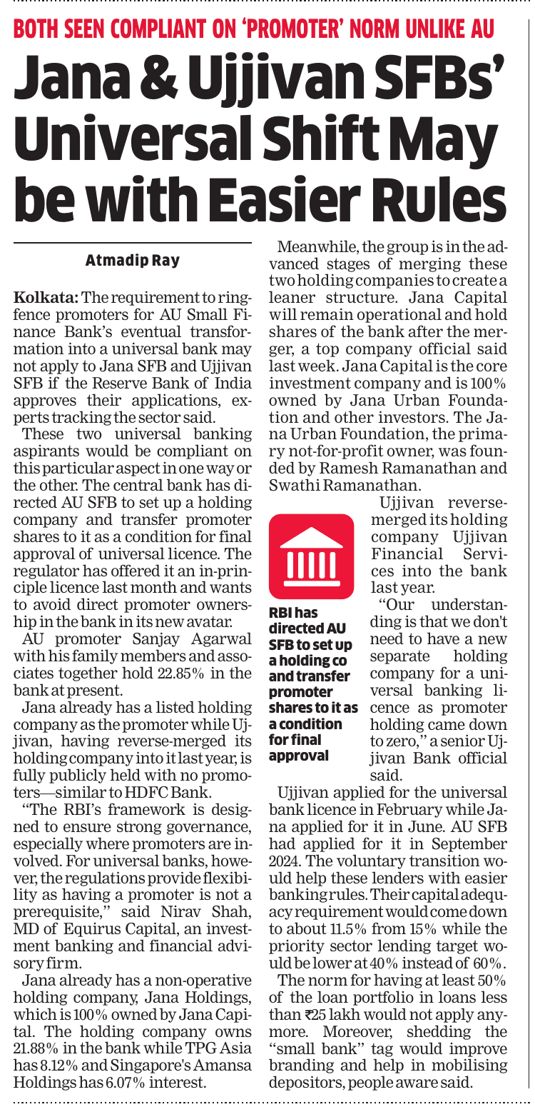 Jana & Ujjivan SFBs Universal Shift May be with Easier Rules