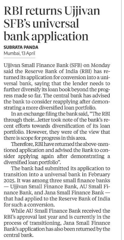RBI returns Ujjivan SFB’s universal  bank application