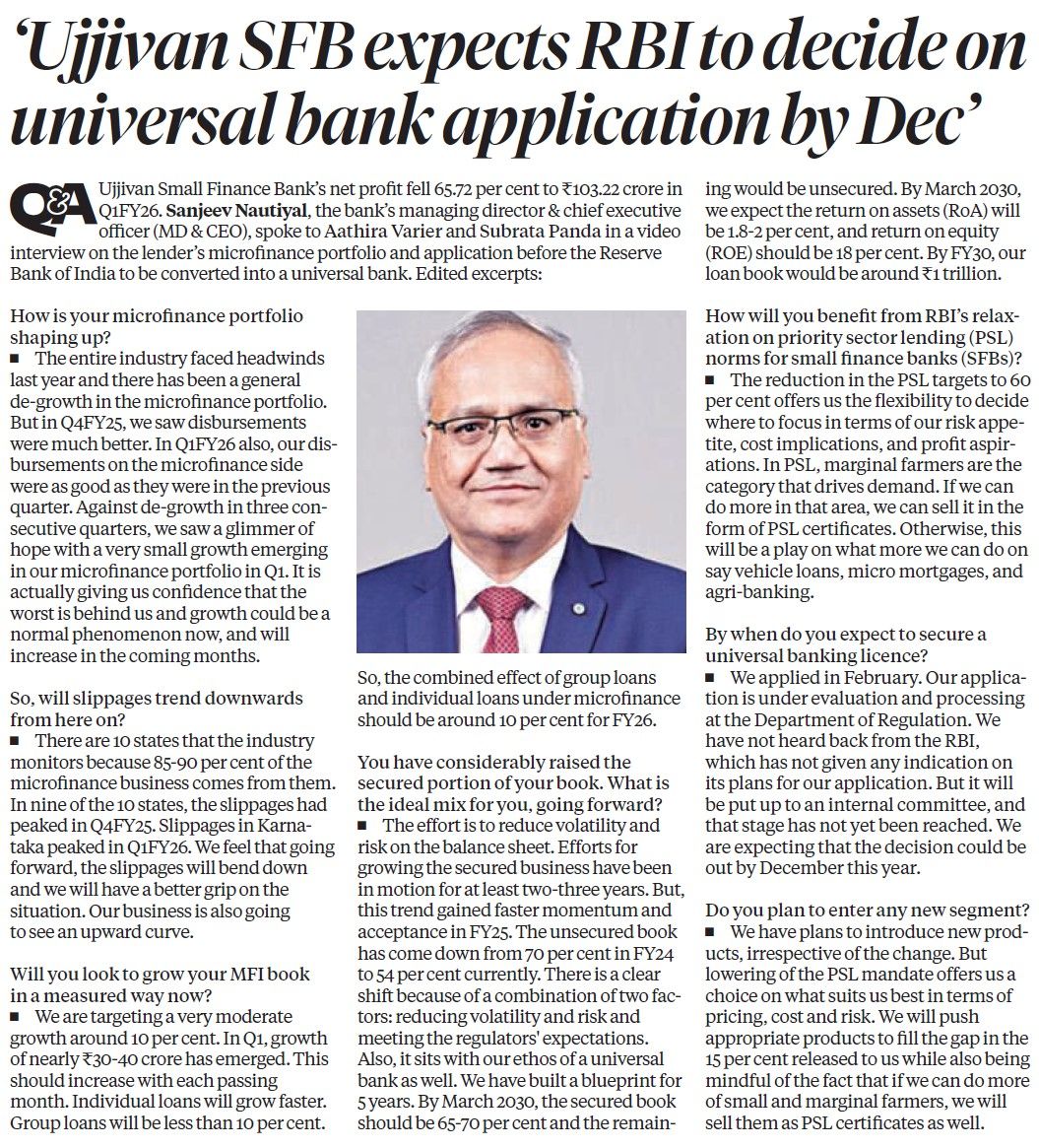 Ujjivan SFB expects RBI to decide on universal bank application by Dec