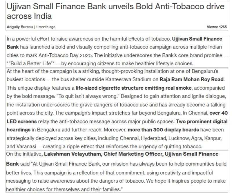 Ujjivan Small Finance Bank unveils Bold Anti-Tobacco drive across India