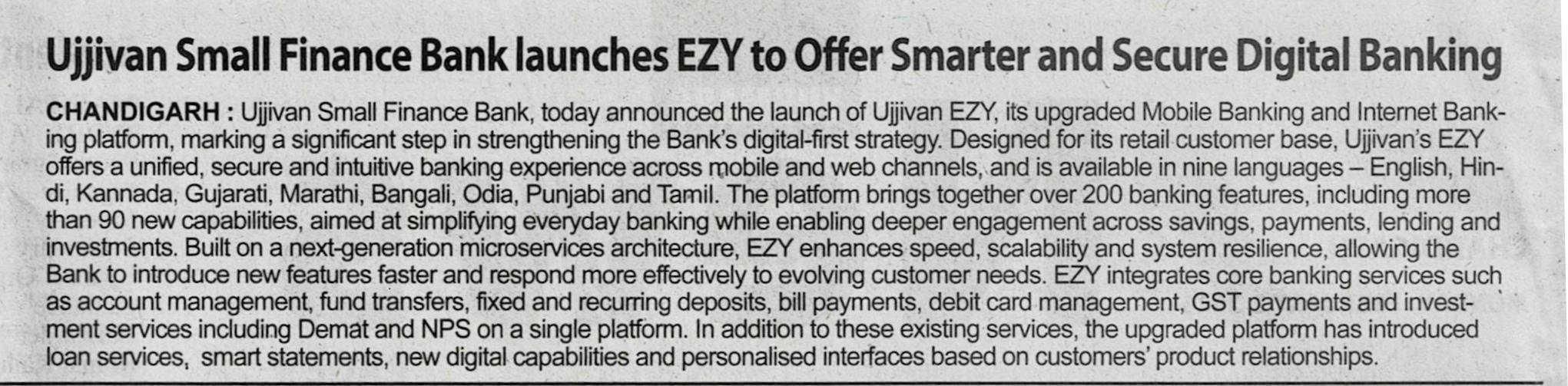 Ujjivan Small Finance Bank launches EZY for smart and secure digital banking