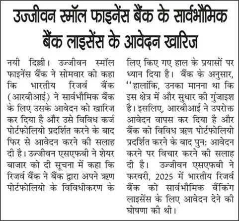 Ujjivan Small Finance Bank's Application for Universal Bank License Rejected