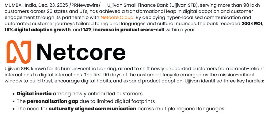 Ujjivan Small Finance Bank Achieves 200× ROI and 15% Boost in Digital Adoption with Netcore Cloud’s Agentic, Hyper-Localised Automation
