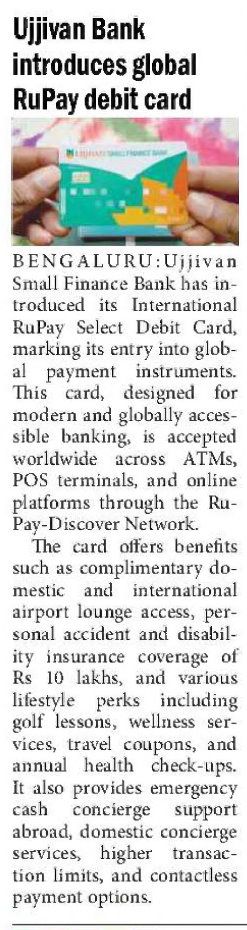 Ujjivan Bank introduces global RuPay debit card