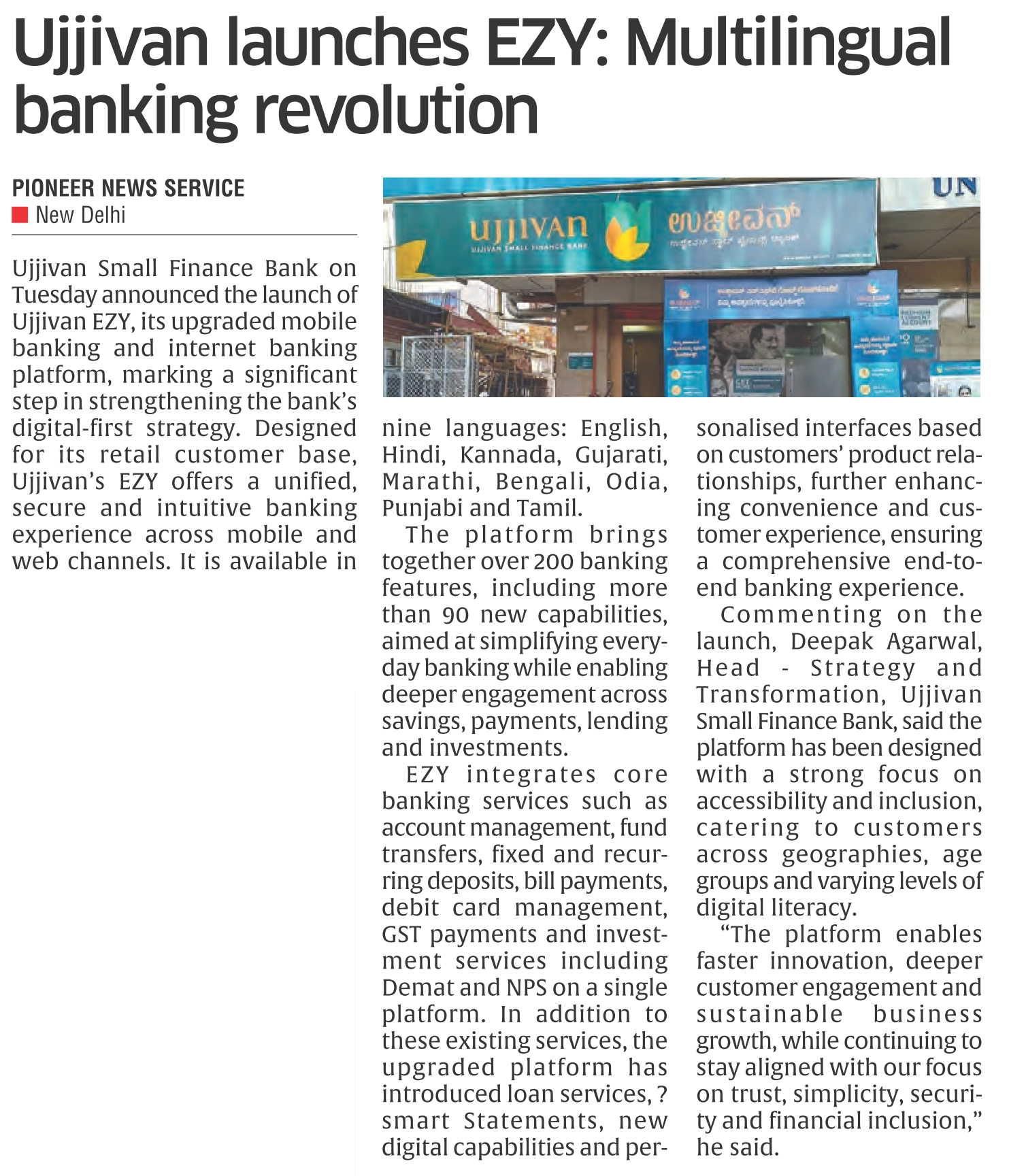 Ujjivan launches EZY: Multilingualbanking revolutionUjjiva