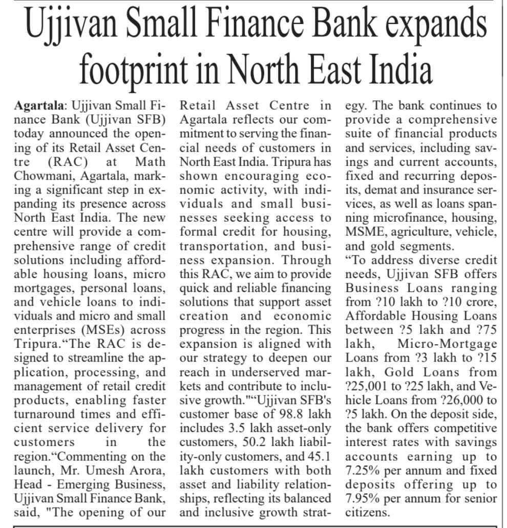 Ujjivan Small Finance Bank expands footprint in North East India