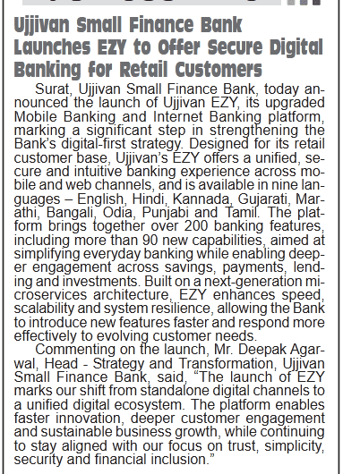 Ujjivan Small Finance Bank  Launches EZY to Offer Secure Digital Banking for Retail Customers