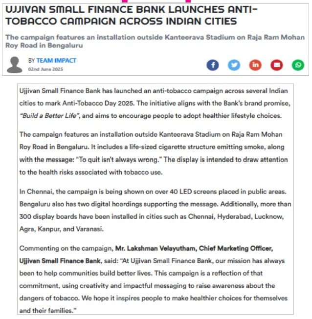 Ujjivan Small Finance Bank Launches Anti-Tobacco Campaign Across Indian Cities