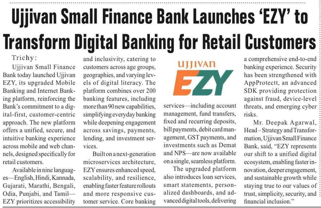 Ujjivan Small Finance Bank Launches 'EZY' to Transform Digital Banking for Retail Customers