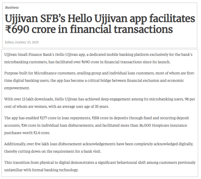 Ujjivan SFB’s Hello Ujjivan app facilitates ₹690 crore in financial transactions