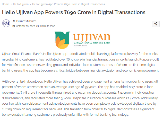 Hello Ujjivan App Powers ₹690 Crore in Digital Transactions