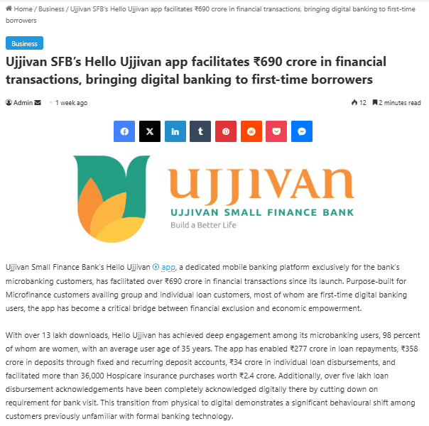 Ujjivan SFB’s Hello Ujjivan app facilitates ₹690 crore in financial transactions, bringing digital banking to first-time borrowers