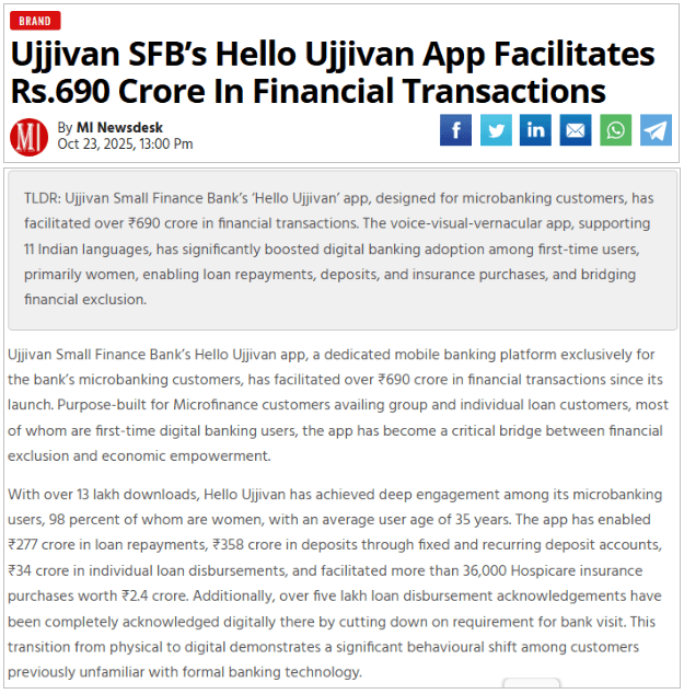 Ujjivan SFB’s Hello Ujjivan App Facilitates Rs.690 Crore In Financial Transactions